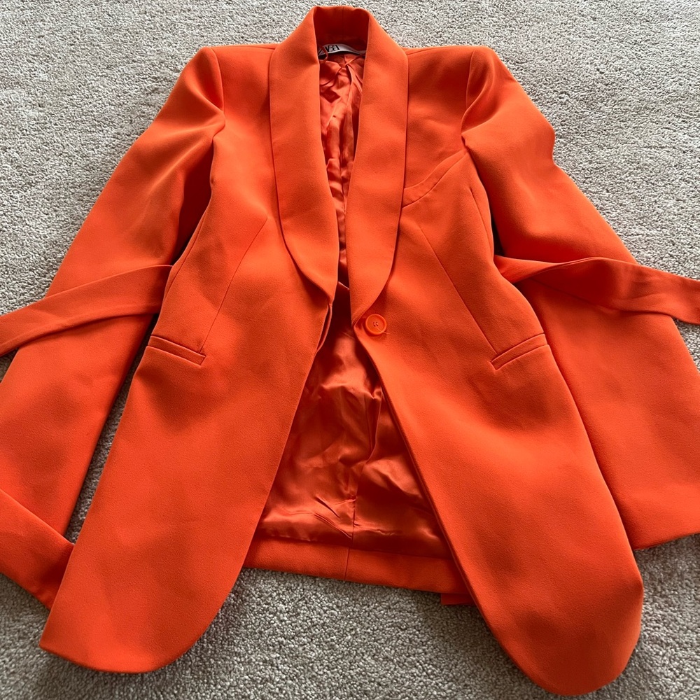 Zara Orange blazer suit jacket belted with belt with tie longline XS workwear - Picture 7 of 10